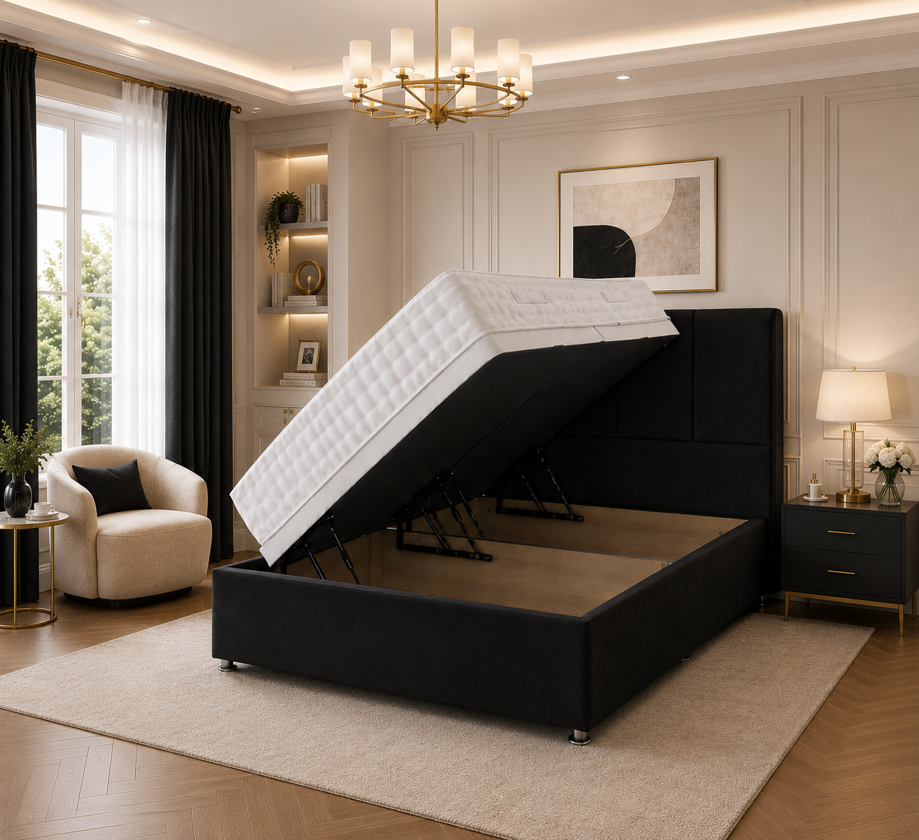 Quad Panel Ottoman Bed Plush Velvet
