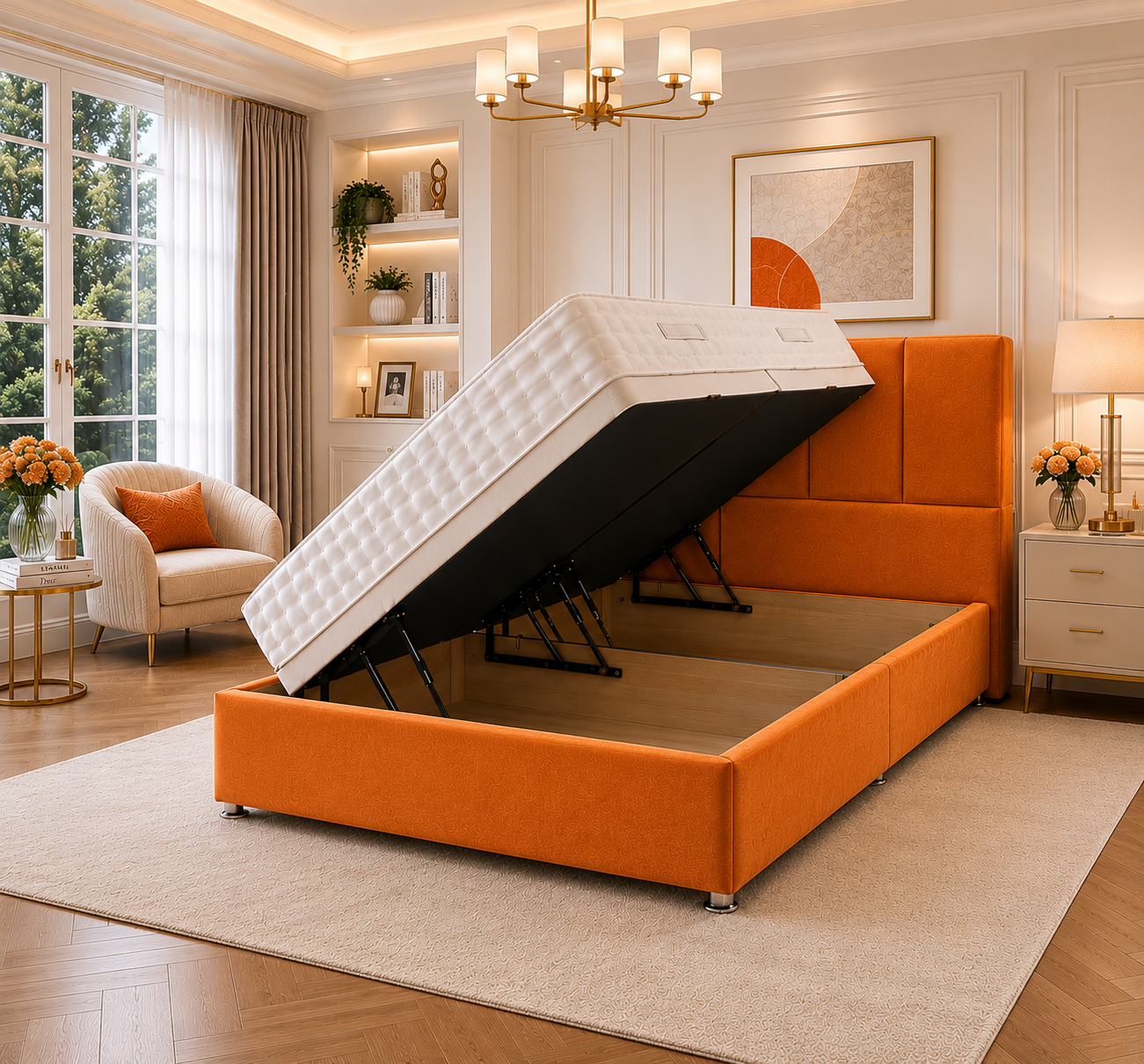 Quad Panel Ottoman Bed Plush Velvet