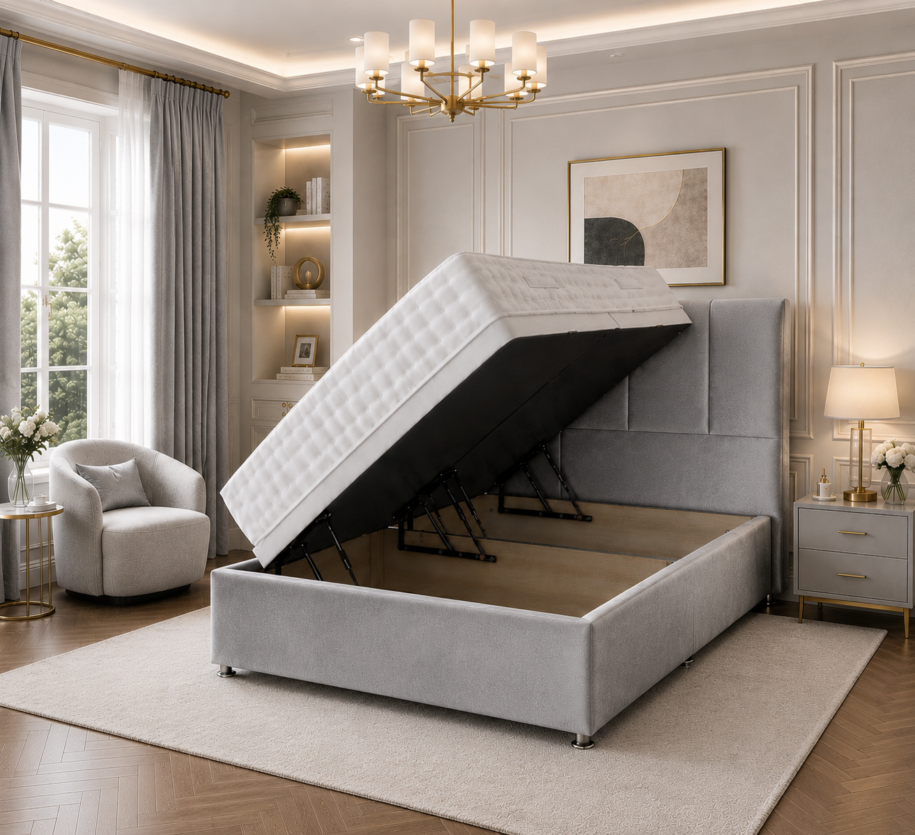 Quad Panel Ottoman Bed Plush Velvet