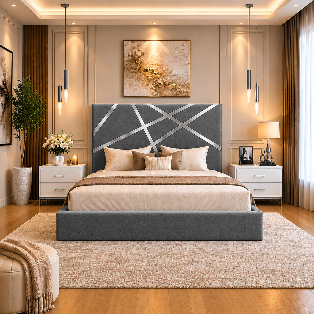 Somna Living Orion Luxury Upholstered Bed Frame with Designer Headboard